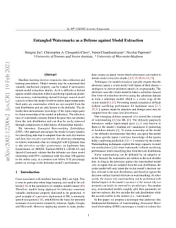 Entangled Watermarks as a Defense against Model Extraction
