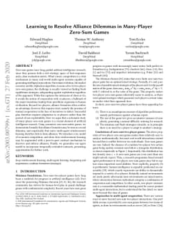 Learning to Resolve Alliance Dilemmas in Many-Player Zero-Sum Games