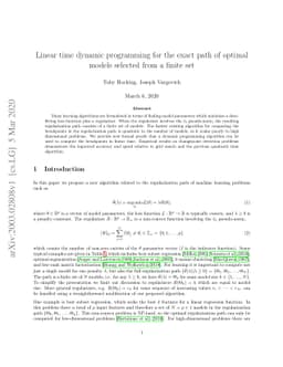 Linear time dynamic programming for the exact path of optimal models
  selected from a finite set