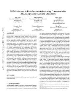 MAB-Malware: A Reinforcement Learning Framework for Attacking Static
  Malware Classifiers
