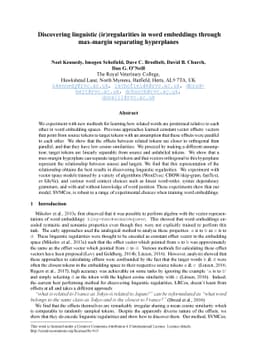 Discovering linguistic (ir)regularities in word embeddings through
  max-margin separating hyperplanes