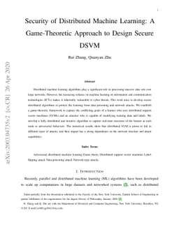 Security of Distributed Machine Learning: A Game-Theoretic Approach to
  Design Secure DSVM
