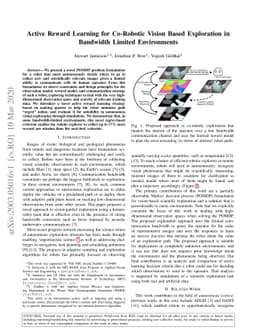 Active Reward Learning for Co-Robotic Vision Based Exploration in
  Bandwidth Limited Environments
