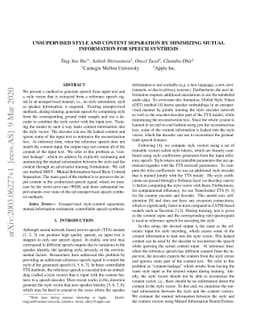 Unsupervised Style and Content Separation by Minimizing Mutual
  Information for Speech Synthesis