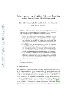Privacy-preserving Weighted Federated Learning within Oracle-Aided MPC
  Framework