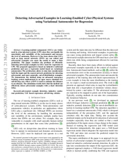 Detecting Adversarial Examples in Learning-Enabled Cyber-Physical
  Systems using Variational Autoencoder for Regression