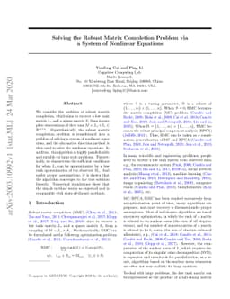 Solving the Robust Matrix Completion Problem via a System of Nonlinear
  Equations