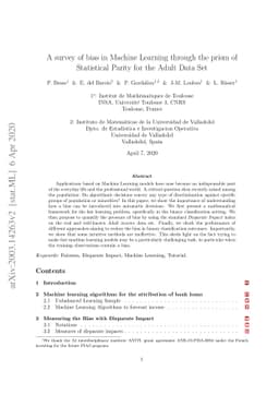 A survey of bias in Machine Learning through the prism of Statistical
  Parity for the Adult Data Set