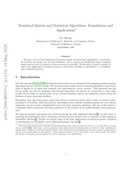 Statistical Queries and Statistical Algorithms: Foundations and
  Applications