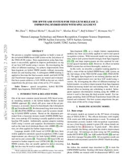 The RWTH ASR System for TED-LIUM Release 2: Improving Hybrid HMM with
  SpecAugment