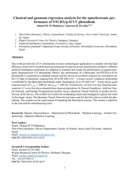 Classical and quantum regression analysis for the optoelectronic
  performance of NTCDA/p-Si UV photodiode