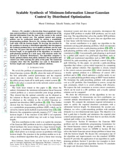 Scalable Synthesis of Minimum-Information Linear-Gaussian Control by
  Distributed Optimization
