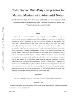 Coded Secure Multi-Party Computation for Massive Matrices with
  Adversarial Nodes
