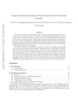 Sequential Batch Learning in Finite-Action Linear Contextual Bandits