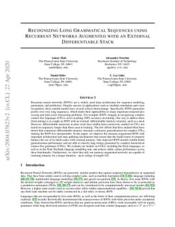 Recognizing Long Grammatical Sequences Using Recurrent Networks
  Augmented With An External Differentiable Stack