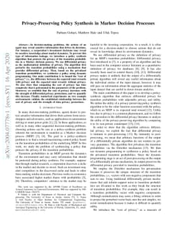 Privacy-Preserving Policy Synthesis in Markov Decision Processes