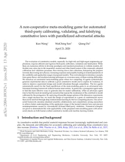 A non-cooperative meta-modeling game for automated third-party
  calibrating, validating, and falsifying constitutive laws with parallelized
  adversarial attacks