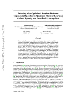 Learning with Optimized Random Features: Exponential Speedup by Quantum
  Machine Learning without Sparsity and Low-Rank Assumptions
