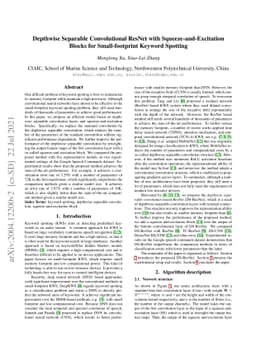 Depthwise Separable Convolutional ResNet with Squeeze-and-Excitation
  Blocks for Small-footprint Keyword Spotting