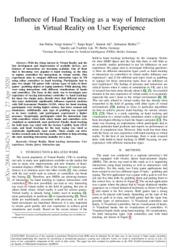 Influence of Hand Tracking as a way of Interaction in Virtual Reality on
  User Experience