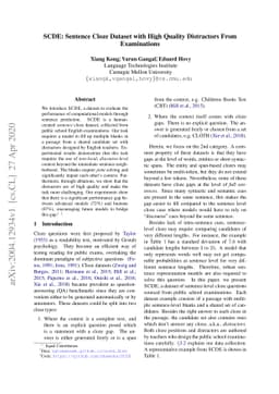 SCDE: Sentence Cloze Dataset with High Quality Distractors From
  Examinations