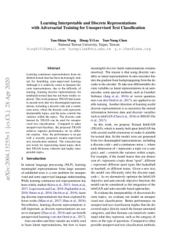 Learning Interpretable and Discrete Representations with Adversarial
  Training for Unsupervised Text Classification