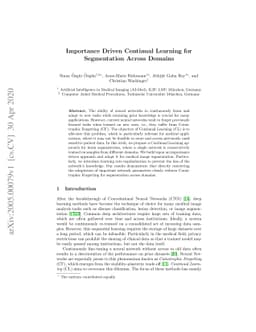 Importance Driven Continual Learning for Segmentation Across Domains