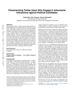 Characterizing Twitter Users Who Engage in Adversarial Interactions
  against Political Candidates