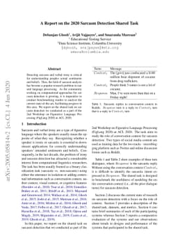 A Report on the 2020 Sarcasm Detection Shared Task