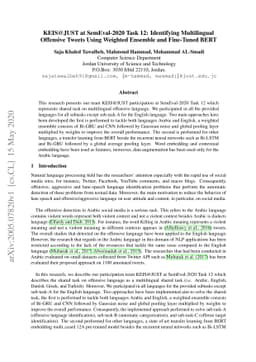 KEIS@JUST at SemEval-2020 Task 12: Identifying Multilingual Offensive
  Tweets Using Weighted Ensemble and Fine-Tuned BERT