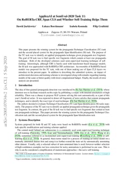 ApplicaAI at SemEval-2020 Task 11: On RoBERTa-CRF, Span CLS and Whether
  Self-Training Helps Them