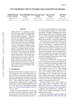Text Classification with Few Examples using Controlled Generalization