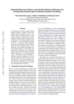 Exploring Recurrent, Memory and Attention Based Architectures for
  Scoring Interactional Aspects of Human-Machine Text Dialog