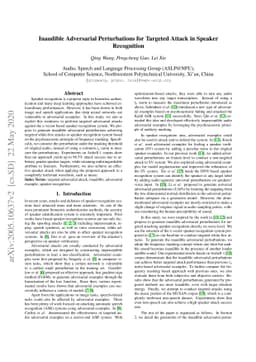 Inaudible Adversarial Perturbations for Targeted Attack in Speaker
  Recognition