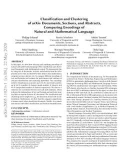 Classification and Clustering of arXiv Documents, Sections, and
  Abstracts, Comparing Encodings of Natural and Mathematical Language