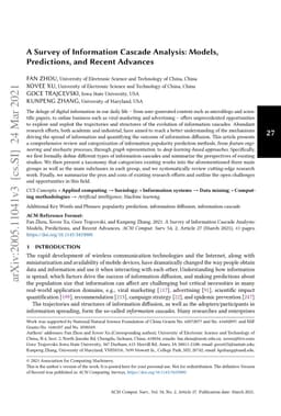 A Survey of Information Cascade Analysis: Models, Predictions, and
  Recent Advances