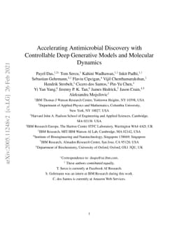 Accelerating Antimicrobial Discovery with Controllable Deep Generative
  Models and Molecular Dynamics
