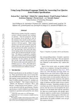 Using Large Pretrained Language Models for Answering User Queries from
  Product Specifications