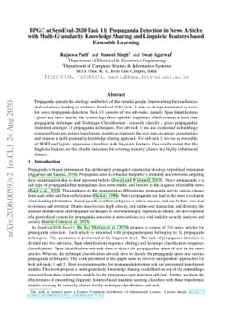 BPGC at SemEval-2020 Task 11: Propaganda Detection in News Articles with
  Multi-Granularity Knowledge Sharing and Linguistic Features based Ensemble
  Learning