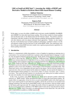 LRG at SemEval-2020 Task 7: Assessing the Ability of BERT and Derivative
  Models to Perform Short-Edits based Humor Grading