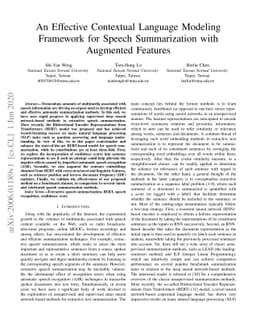 An Effective Contextual Language Modeling Framework for Speech
  Summarization with Augmented Features