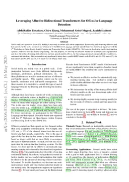 Leveraging Affective Bidirectional Transformers for Offensive Language
  Detection