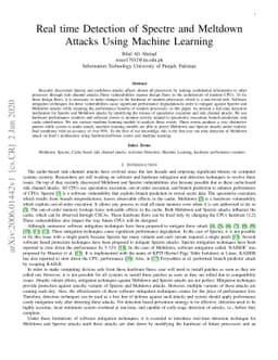 Real time Detection of Spectre and Meltdown Attacks Using Machine
  Learning