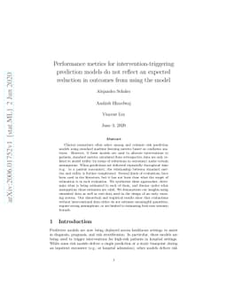 Performance metrics for intervention-triggering prediction models do not
  reflect an expected reduction in outcomes from using the model