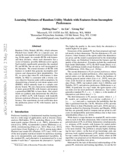 Learning Mixtures of Random Utility Models with Features from Incomplete
  Preferences