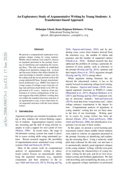 An Exploratory Study of Argumentative Writing by Young Students: A
  Transformer-based Approach