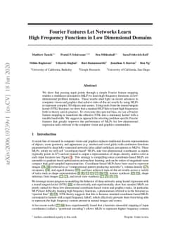 Fourier Features Let Networks Learn High Frequency Functions in Low
  Dimensional Domains