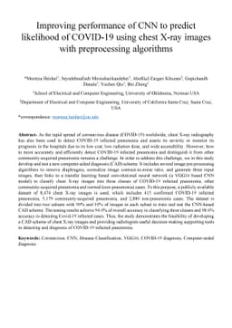 Improving performance of CNN to predict likelihood of COVID-19 using
  chest X-ray images with preprocessing algorithms