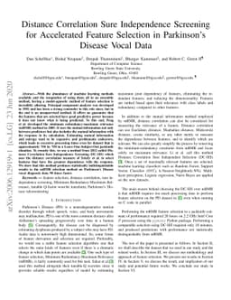 Distance Correlation Sure Independence Screening for Accelerated Feature
  Selection in Parkinson's Disease Vocal Data