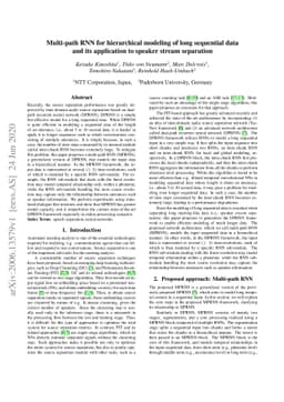 Multi-path RNN for hierarchical modeling of long sequential data and its
  application to speaker stream separation